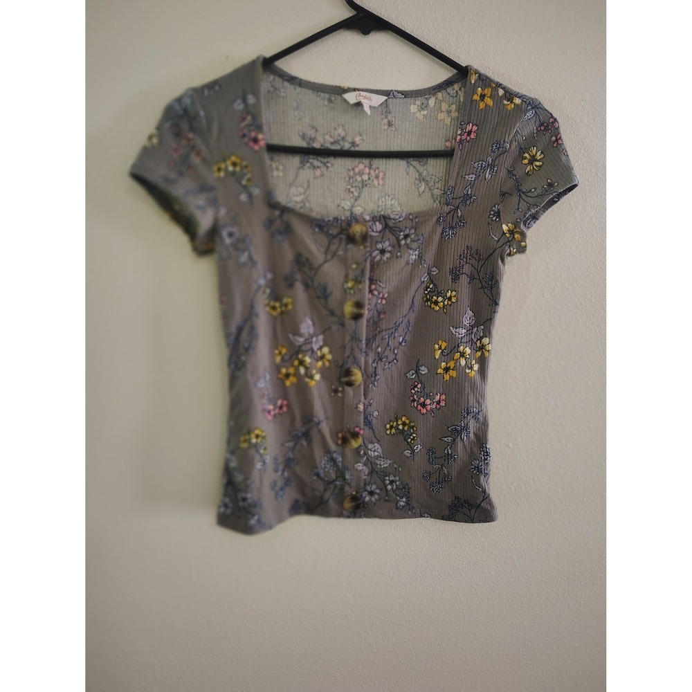 Candies Floral Ribbed Square Neck Button Front Top Grey XS Cottagecore Short Slv